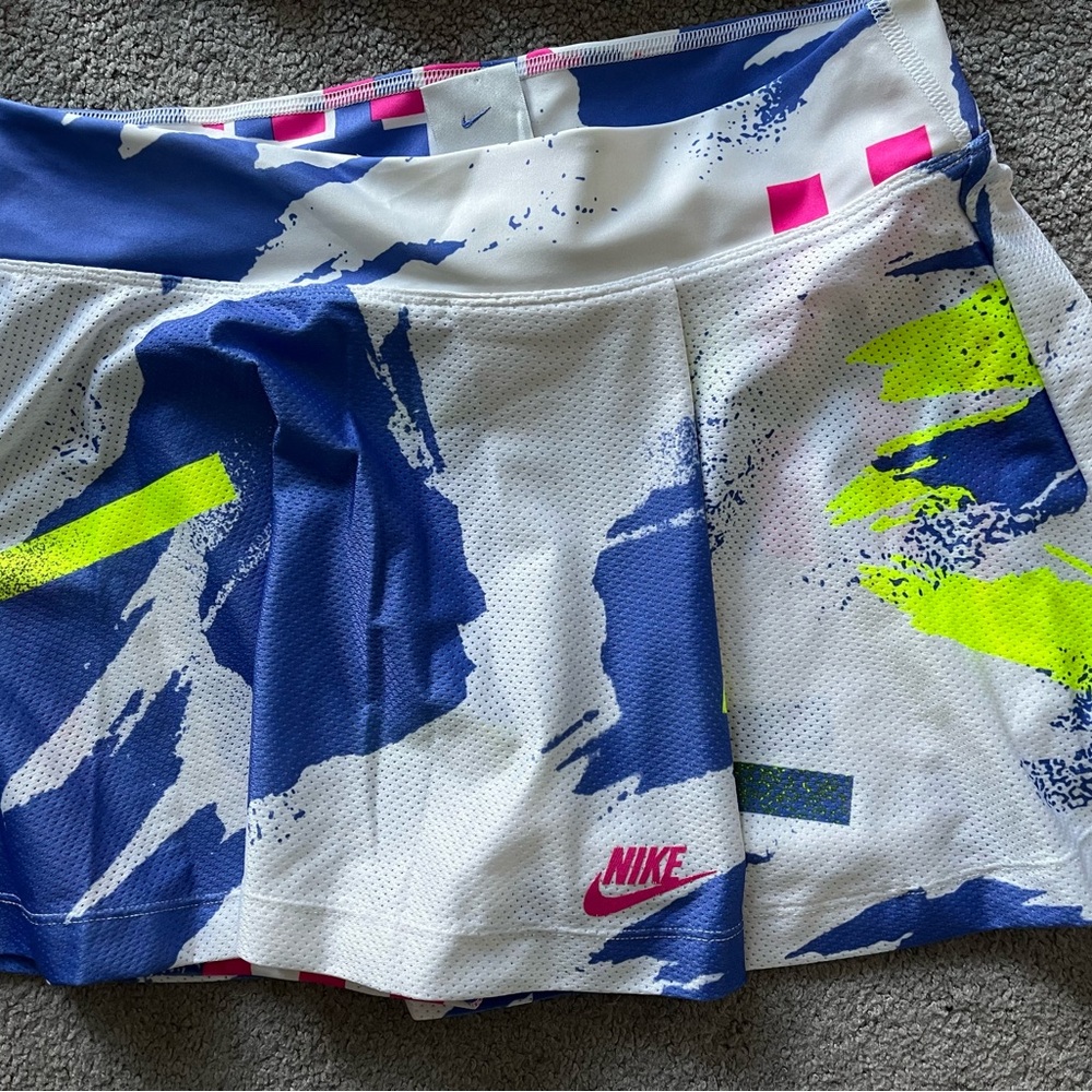 Nike Women's White Blue Neon Yellow Pink Printed Tennis Skort